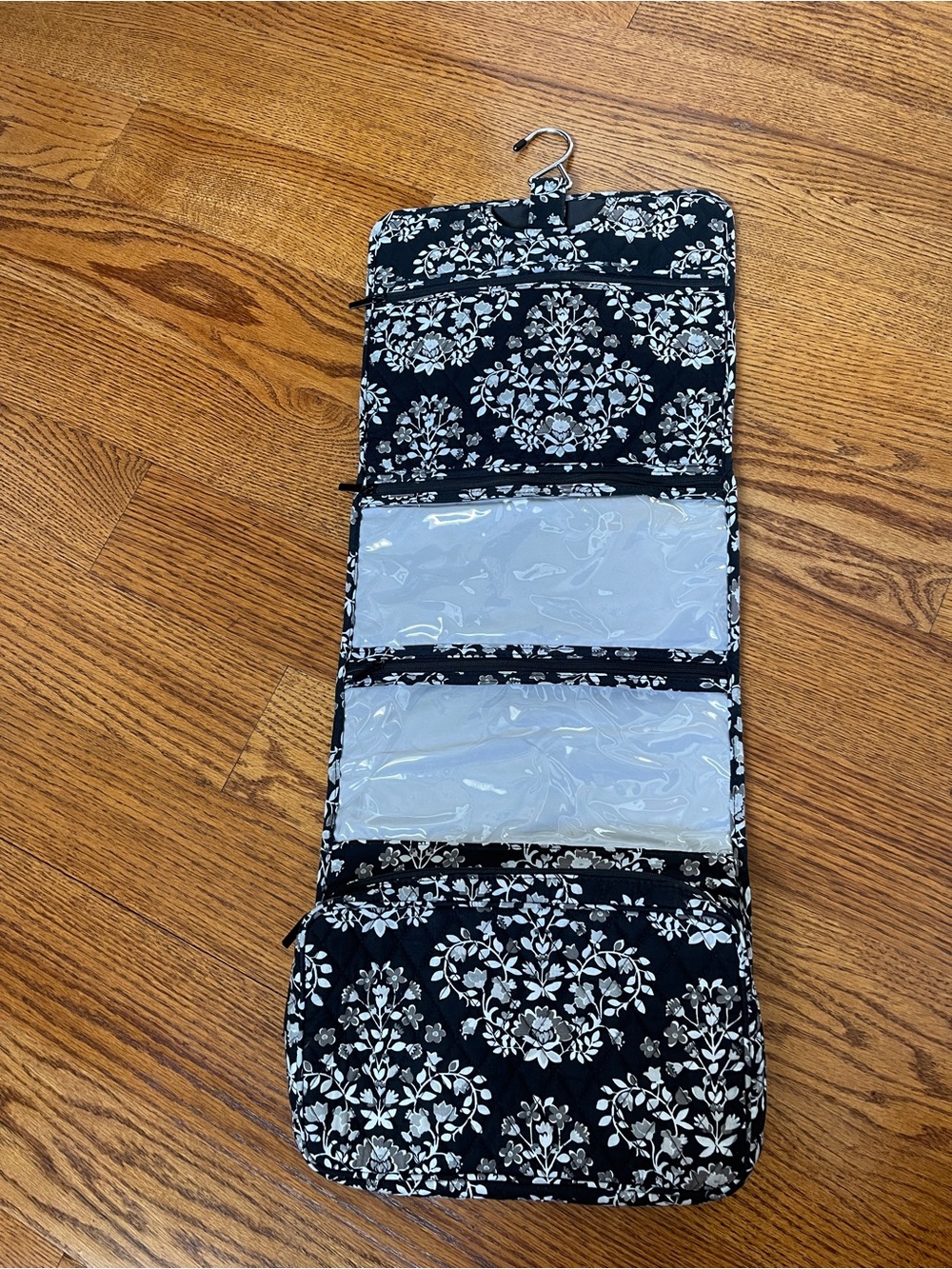 Vera Bradley Black Quilted Travel cosmetic bag with white and gray Floral Print